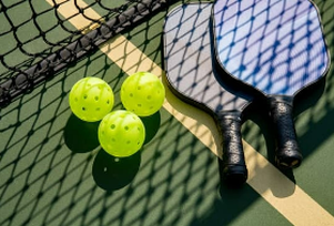 a tennis racket and four tennis balls on a court.