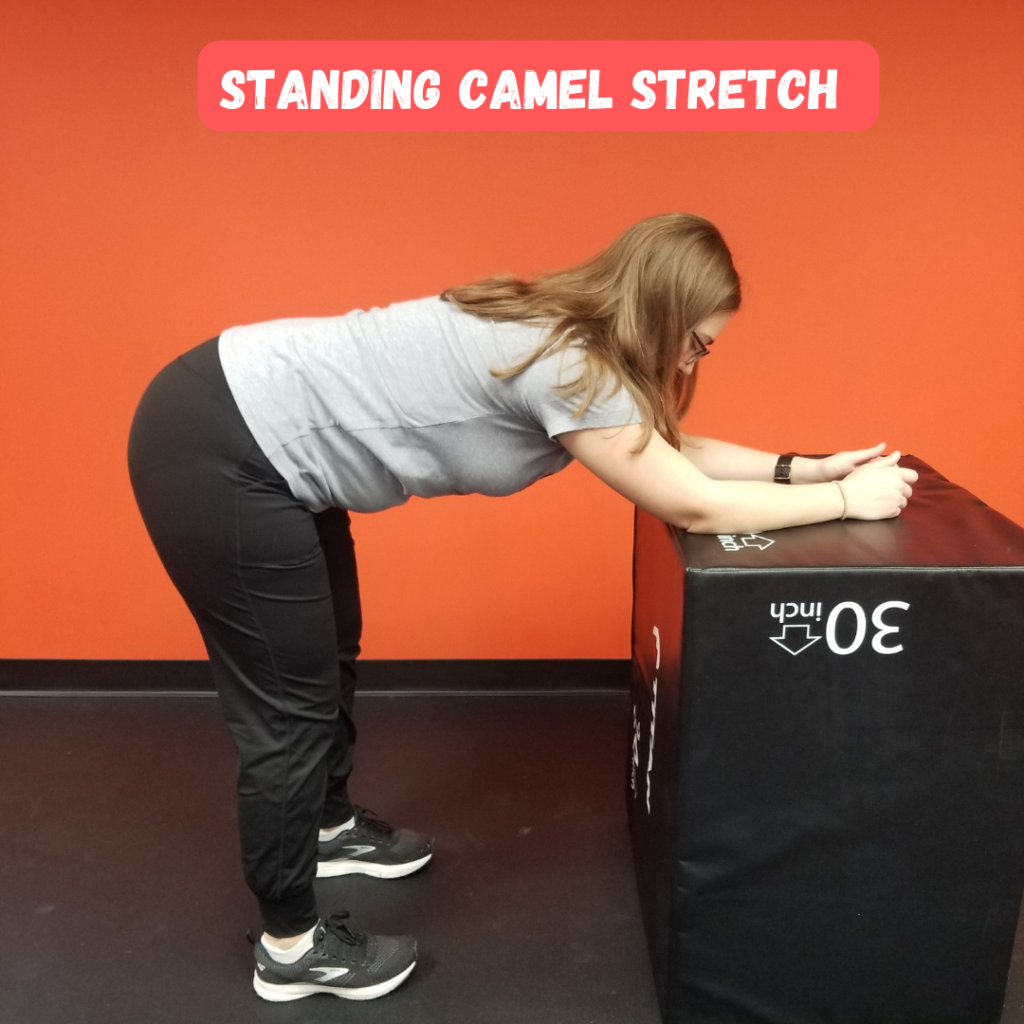 a woman bending over a black box with a red wall in the background.