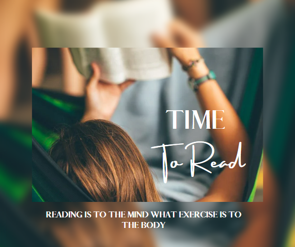 a woman reading a book with the words time to read.