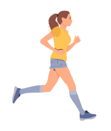 a woman running in a yellow shirt and blue shorts.