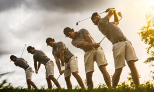 a group of men playing a game of golf.