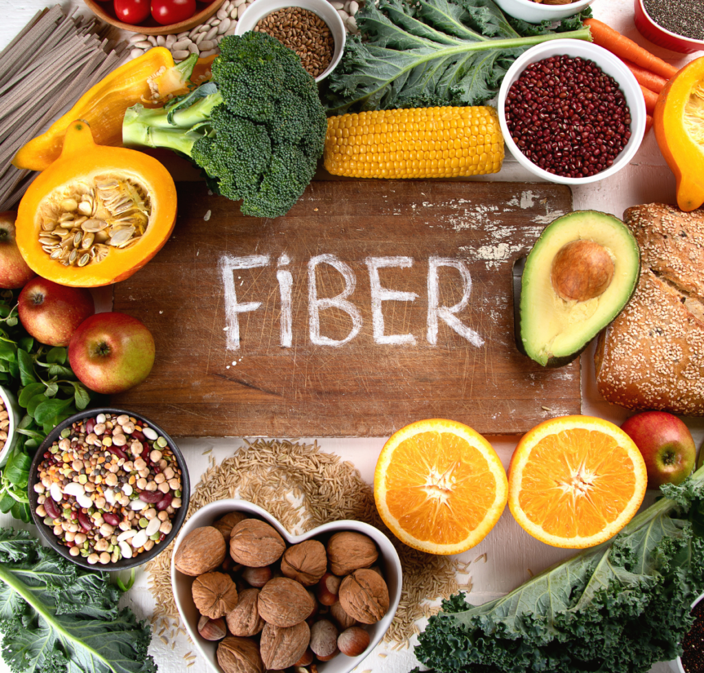 A variety of foods with the word fiber written on them.